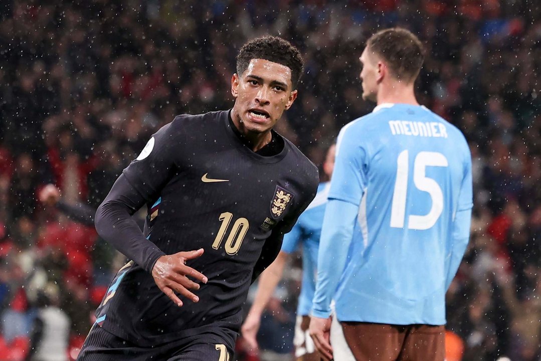 Jude Bellingham celebra el gol del empate ante Bélgica (2-2), en el amistoso disputado el pasado 26 de marzo en Londres. EFE/EPA/ANDY RAIN